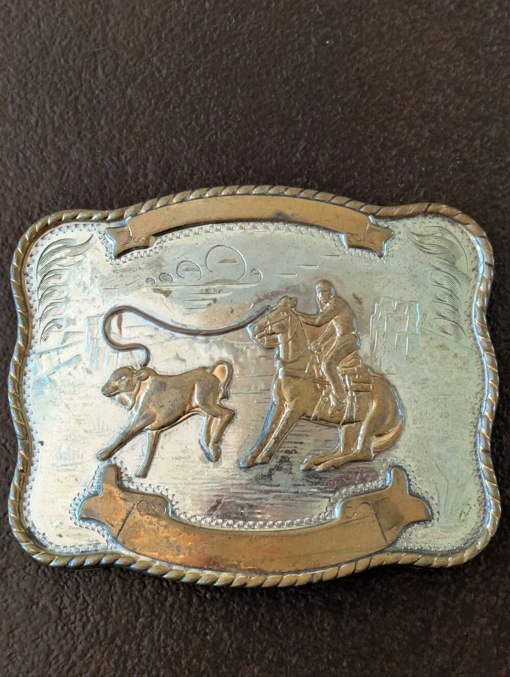 Vintage Silver And Brass Western Rodeo Calf Roping Belt Buckle
